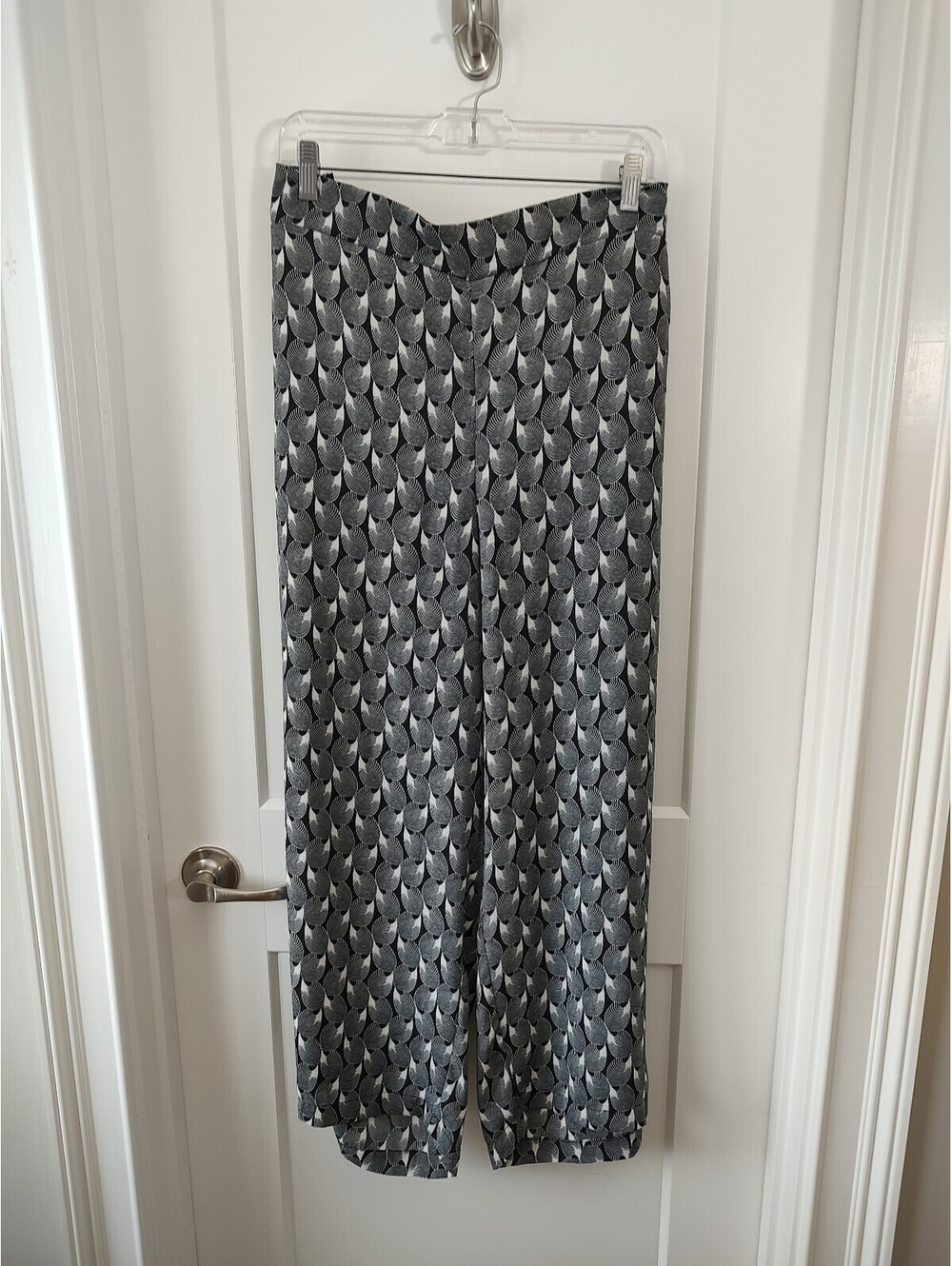 Max Studio Women's Black and White Wide Leg Patterned Pants with Elastic Waist,